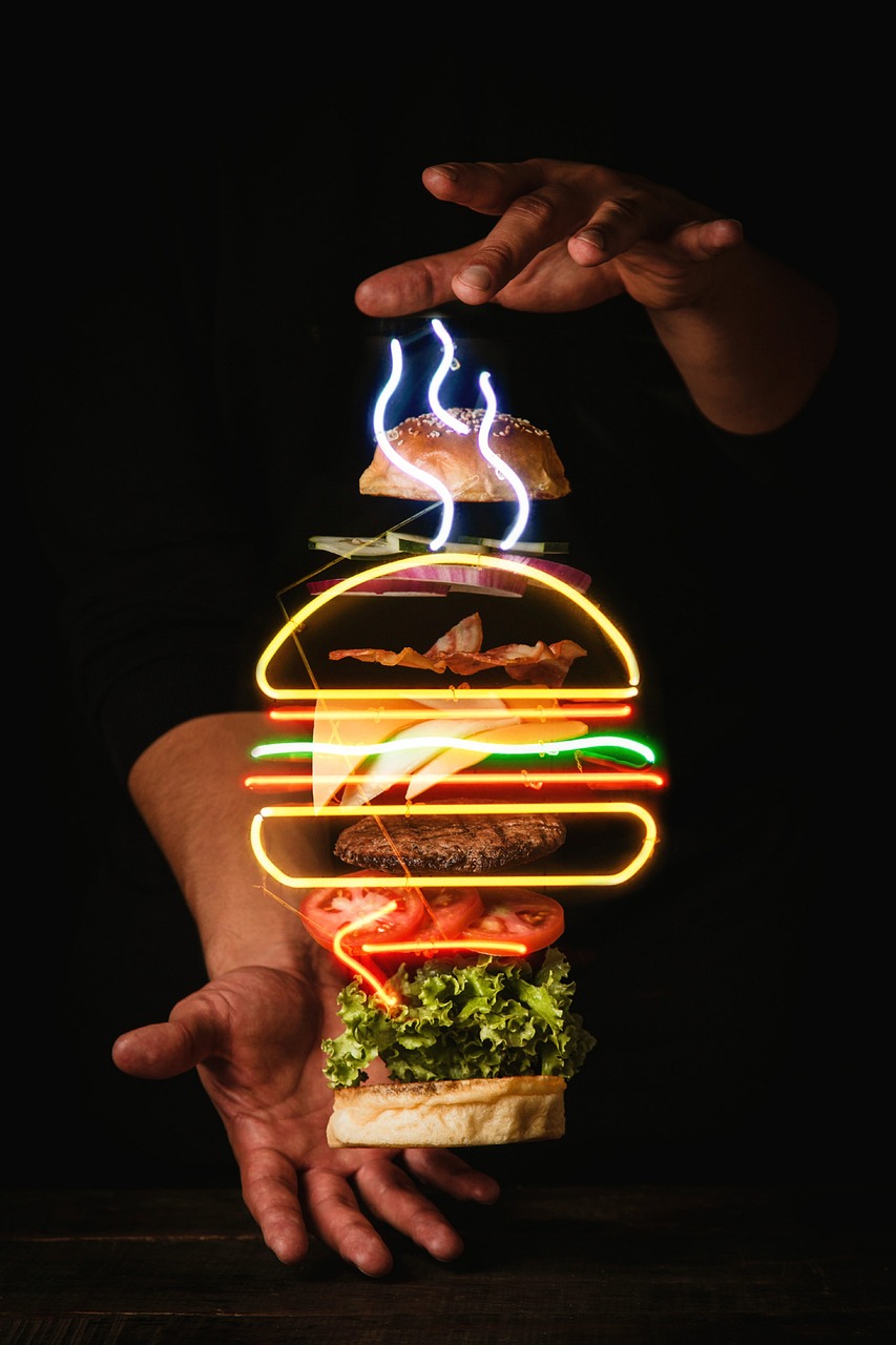 gallery-02 burger, patties, vegetables, buns, fast food, floating, hands, food, poster, advertising, neon, entrepreneurship, burger, burger, burger, burger, burger, fast food